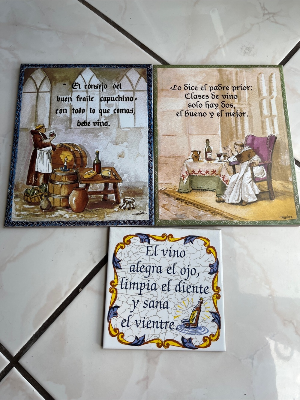 Set of 3 Spanish Decorative Ceramic Tiles with Wine Motifs
